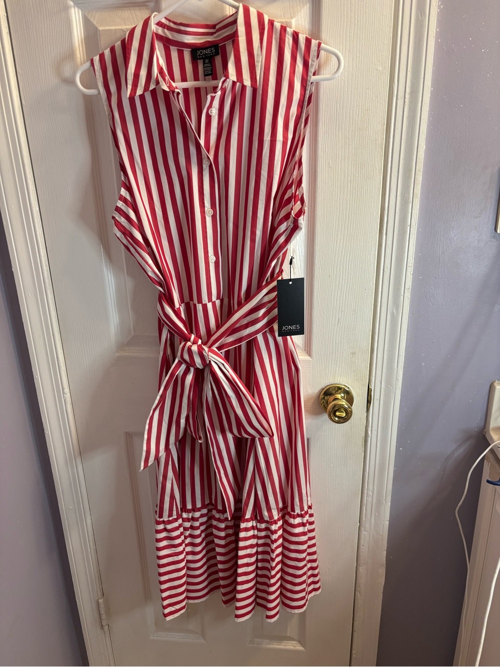 JONES New York Red and White Sleeveless Striped Midi Shirt Dress